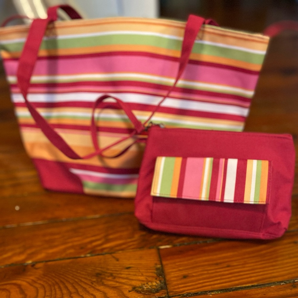 Lancôme Red Striped Beach Bag with Attachable Small Bag